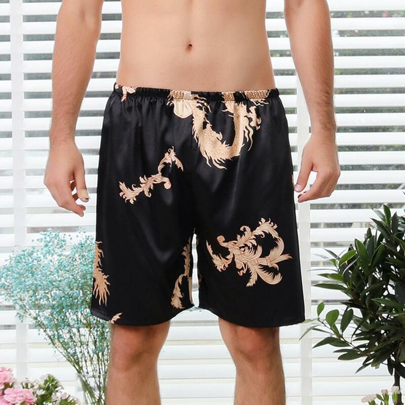 Shorts lounge com padrão dragão masculino, cintura elástica, perna larga, calça curta casual, pijama solto, verão