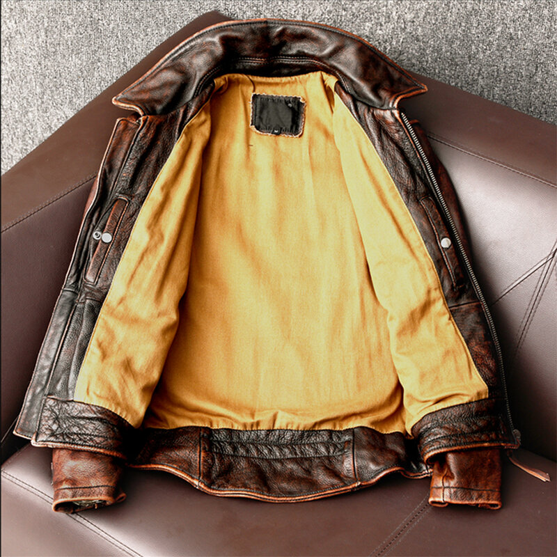 Jaket kulit asli untuk pria, mantel kulit asli Vintage warna cokelat 100%, mantel kulit sapi ramping modis pengendara sepeda pakaian ukuran Asia S-6XL M697 Dropshipping