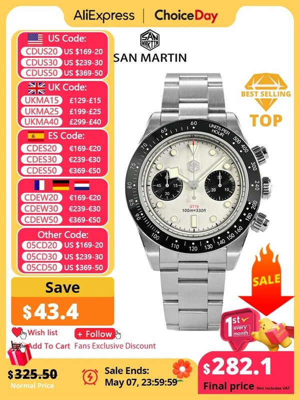 San Martin nowy 40mm Panda BB chronograf zegarek moda sportowa styl ST1901 ręczny mechaniczny szafir wodoodporny 100M BGW-9