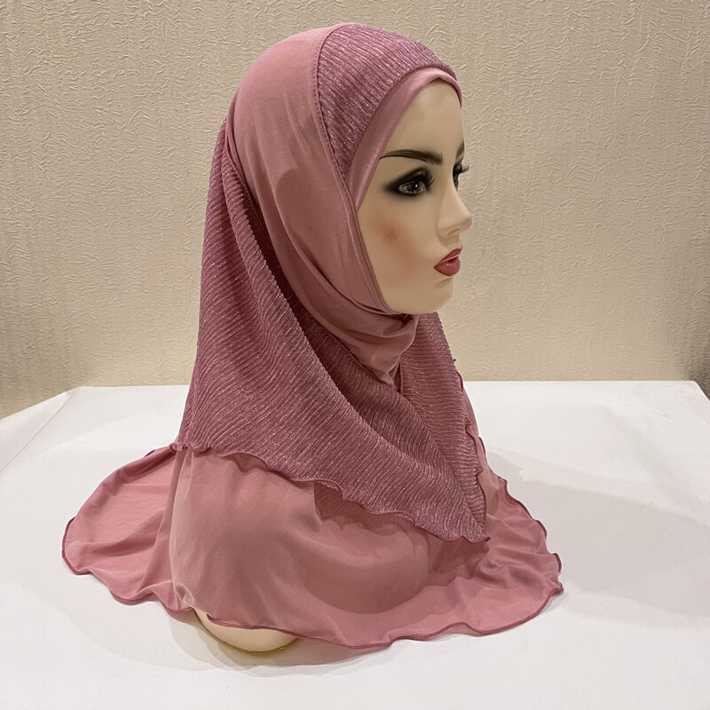 Kualitas Tinggi Kain Perca Jilbab Perempuan Dewasa Muslim Menengah Amira Jilbab dengan Lurex Lapisan Jaring Pull Up Syal Islam Jilbab Selendang Topi