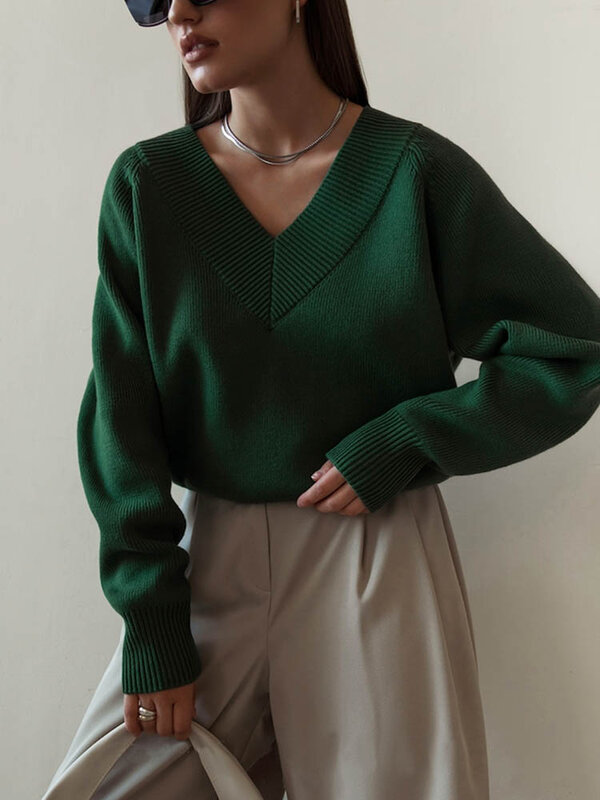 Maglione con scollo a v moda manica lunga Pullover Vintage donna autunno nuovo stile Crochet Top Casual maglione allentato donna inverno 2022