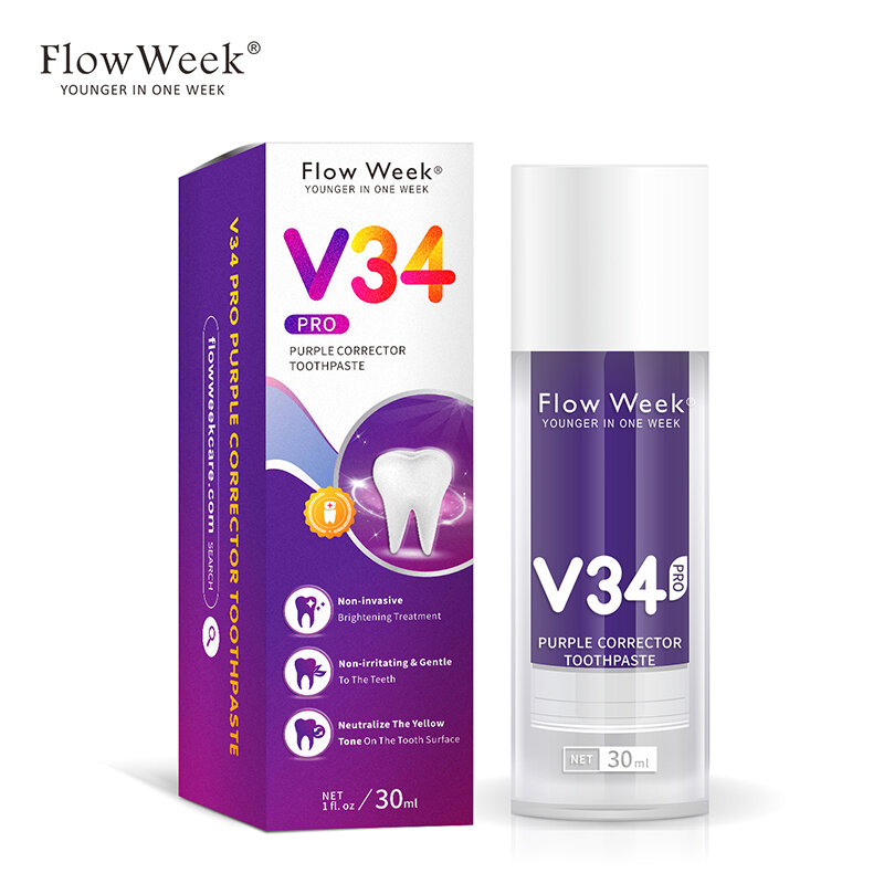 Flow Week V34 Pro pasta gigi korektor warna, pasta gigi ungu non-invasif pemutih gigi penghilang noda pemutih gigi
