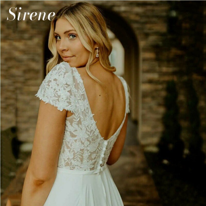 Bohemian Wedding Dresses A-Line White V-Neck Cap Sleeve Lace Applique Chiffon Backless Bridal Gown Sweep Train Vestidos De Novia
