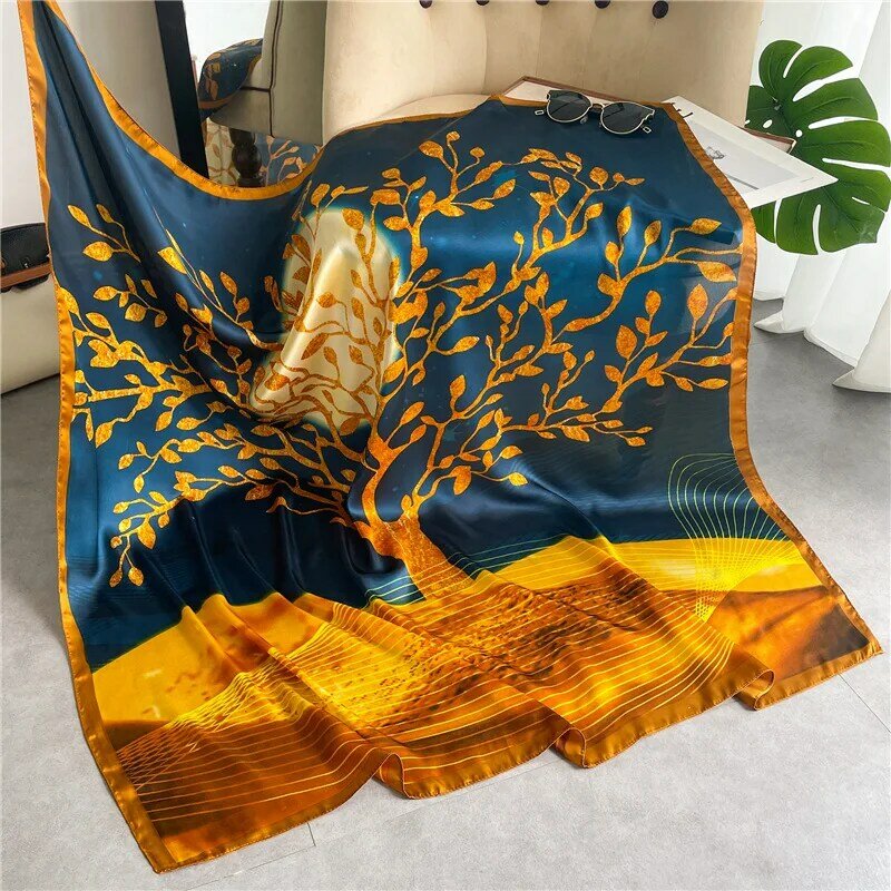 女性のための装飾的なシルクスカーフ,芸術的なデザインの女性のための大きな正方形のスカーフ110cm