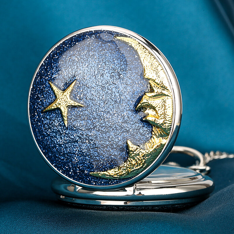 Blue Starry Sky Quartz Pocket Watches Necklace Star and Moon Pattern Necklace Pocket Watch Clock Gift Relief Art Design Pendant