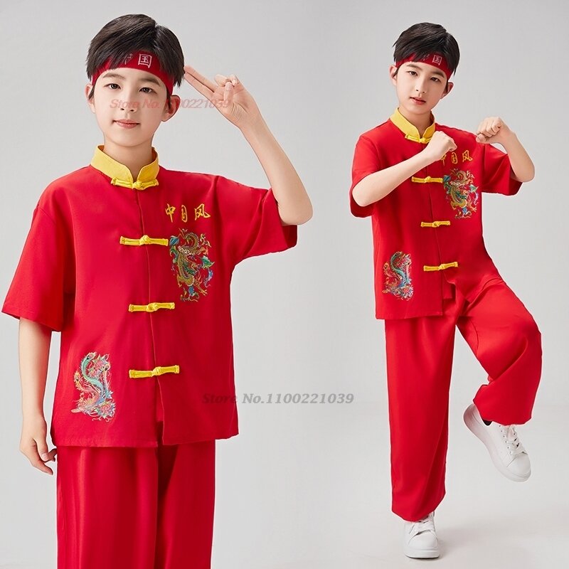 2024 китайская детская одежда с принтом дракона wushu kung fu шаолиньские боевые искусства Топы + брюки Спортивный тренировочный костюм