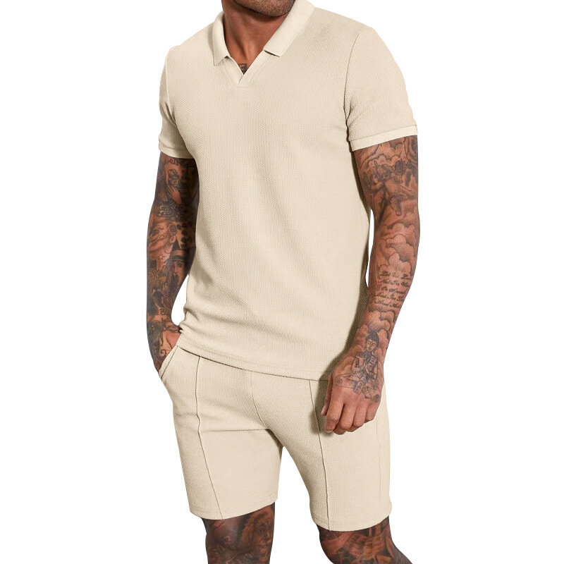 Waffle V-neck Short Sleeve Shorts Set Polo Fashion Slim Fit Set Men's Summer New Clothing Men's Set 2023 New Mens Clothes