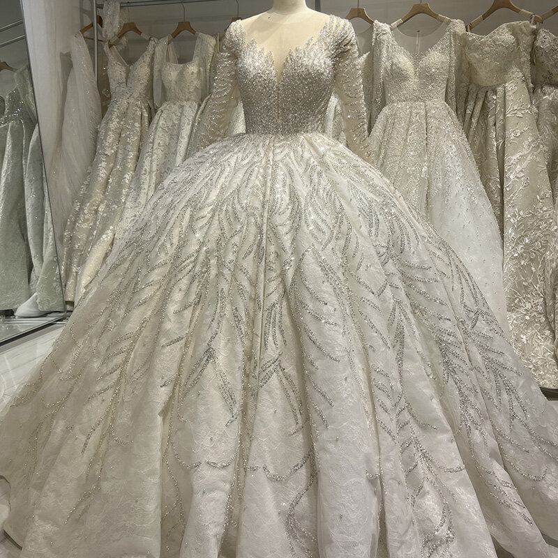 Женское бальное платье с открытой спиной, бисером, v-образным вырезом, длинными рукавами и блестками, Плиссированные Свадебные платья принцессы, Vestido De Novia LSMNM003