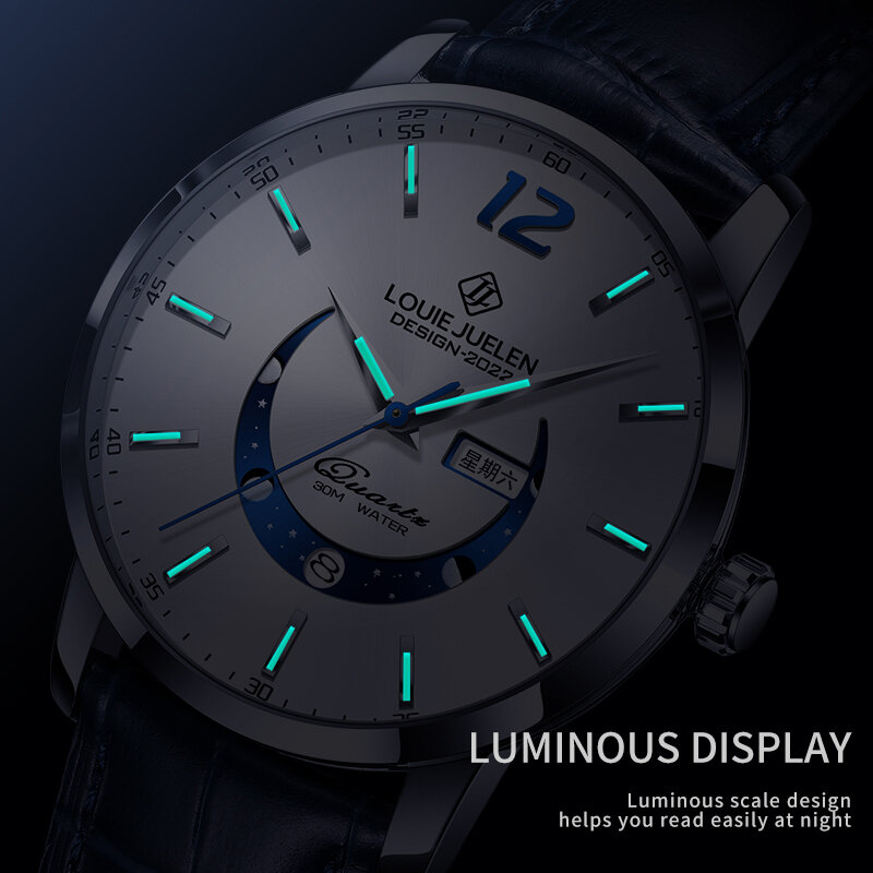 LOUIEJUELEN-Relógio de quartzo de couro de luxo masculino, marca superior, casual, luminoso, calendário, fase da lua, relógio impermeável, novo, 2022