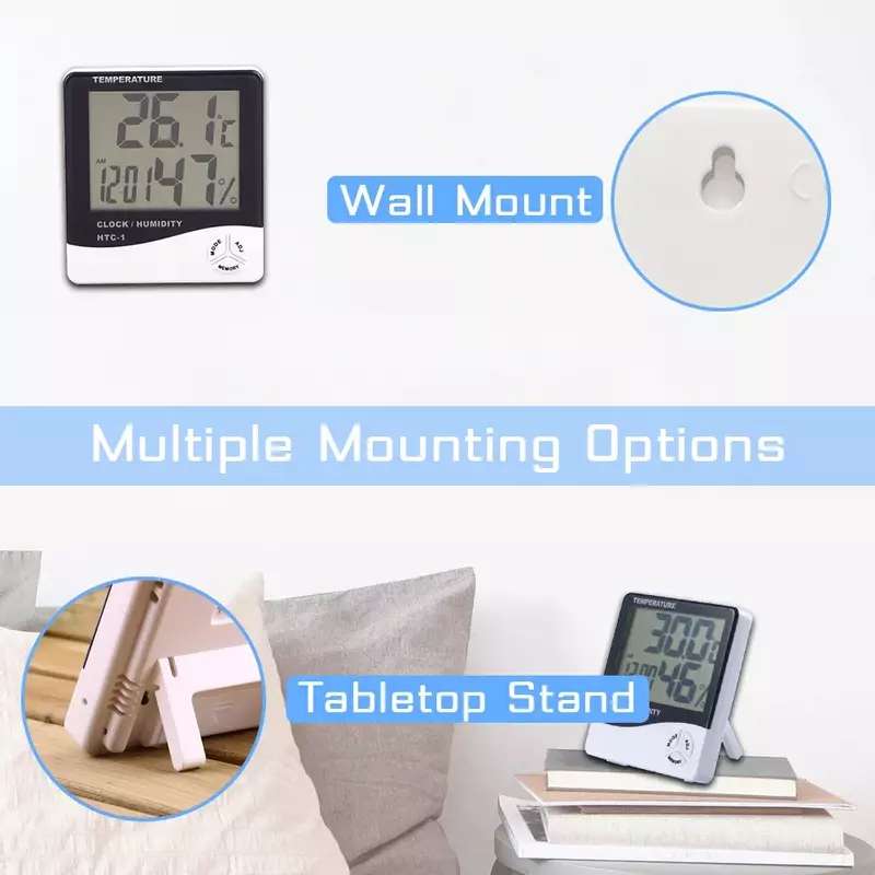Termómetro Electrónico LCD para interiores y exteriores, higrómetro con reloj despertador, Monitor de humedad meteorológica para el hogar