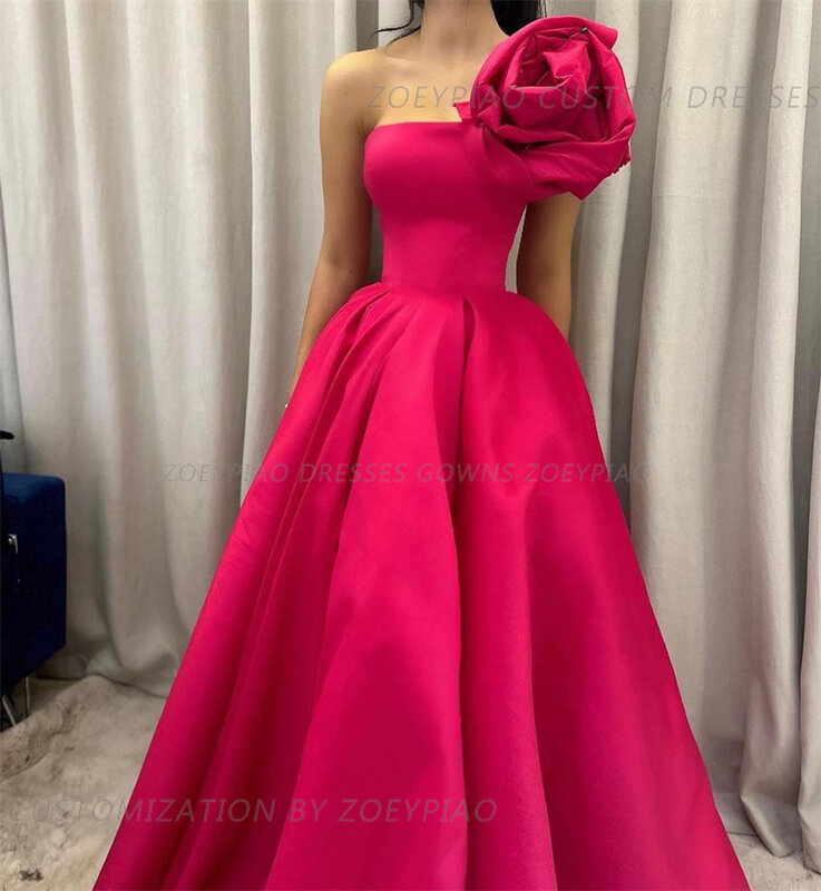 Fuschia Satin satu bahu garis Prom malam gaun bunga tanpa lengan acara Formal gaun pesta dibuat sesuai pesanan