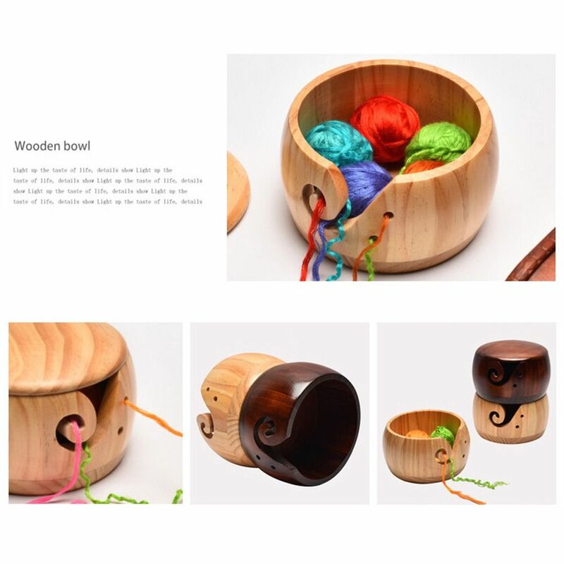 Tas dengan lubang buatan tangan keranjang penyimpanan rajutan wol pemegang wol alat rajut rajutan rajutan mangkuk benang kayu
