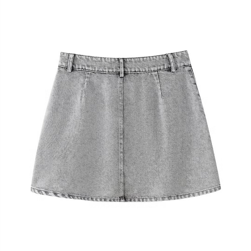 KEYANKETIAN 2024 New Launch Women's Luxury Faux Pearl Embellished Denim Skirt Street style Zipper Low-rise A-line Mini Skirt