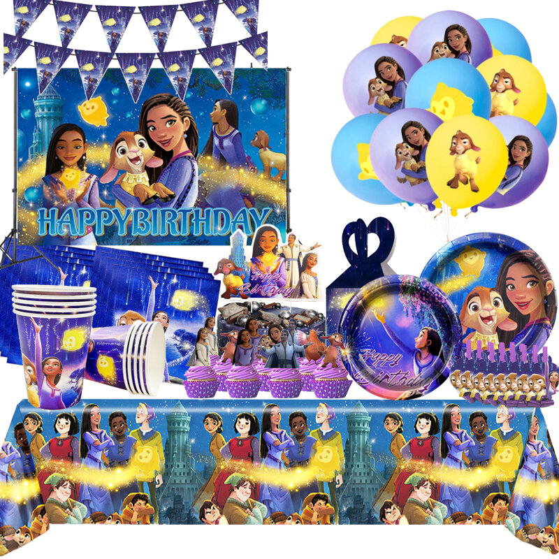 Décorations de fête d'anniversaire Disney Wish Asha, ensemble complet de ballons princesse, faveurs de fête, nappes, assiettes standard, fournitures de fête préChristophe