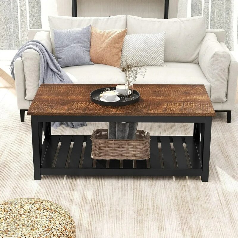 Black Coffee Table, Rural Retro Table with Living Room Shelf, 40 Inches Coffee Table
