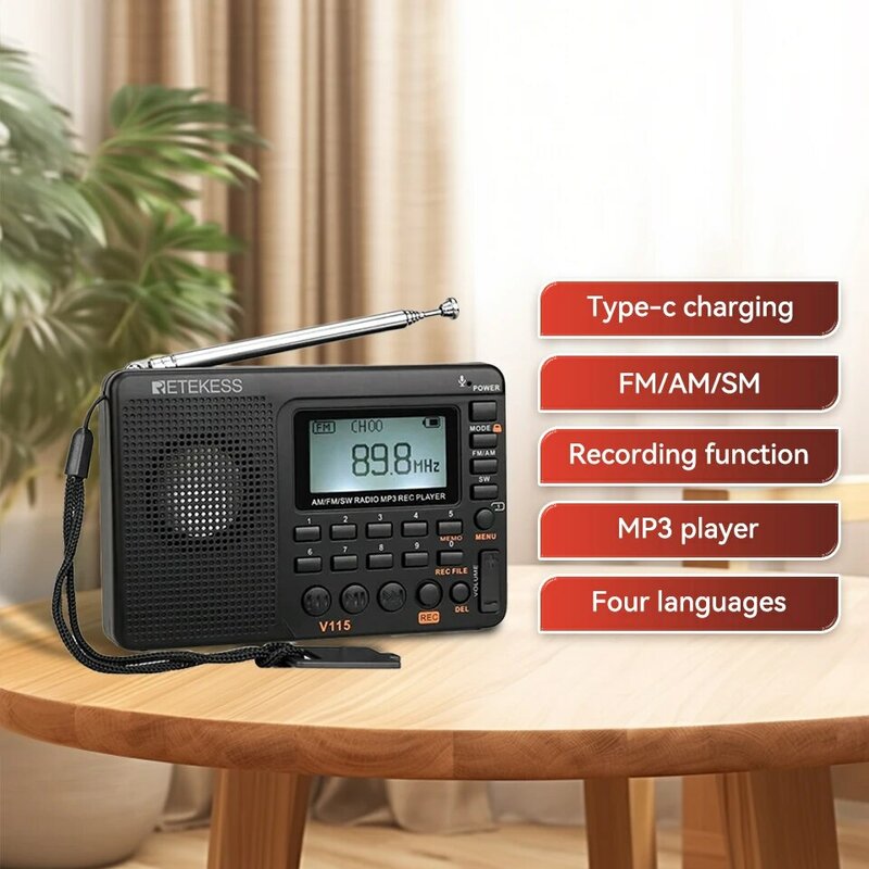 Radio FM AM SW Radios portables AM FM Rechargeable Radio à ondes courtes Batteries Full Wave USB Recorder Haut-parleur