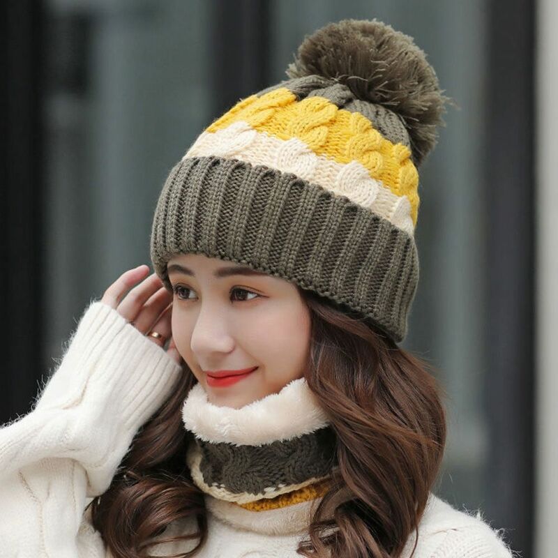 Conjunto cachecol de pelúcia windproof feminino, proteção para o pescoço, chapéu de malha, boné exterior, quente, inverno, 2 peças