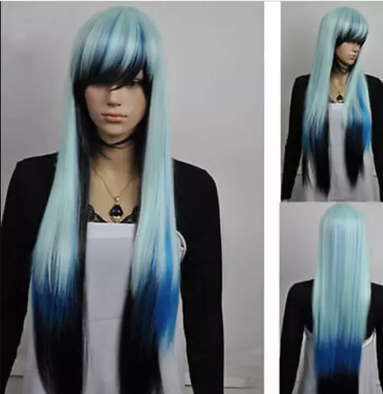 Gratis pengiriman Wig kostum Cosplay rambut lurus hitam Campuran biru panjang seksi
