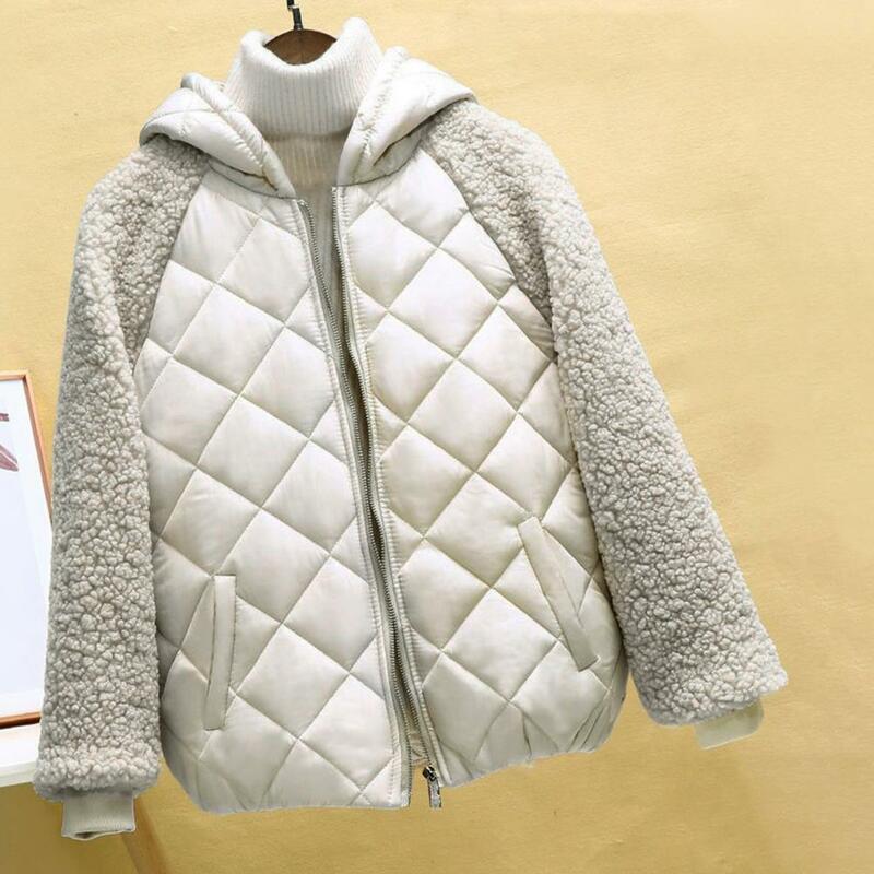 Mantel wanita musim dingin, mantel katun berkerudung dengan saku tahan dingin, jaket tambal sulam lengan panjang lapisan mewah