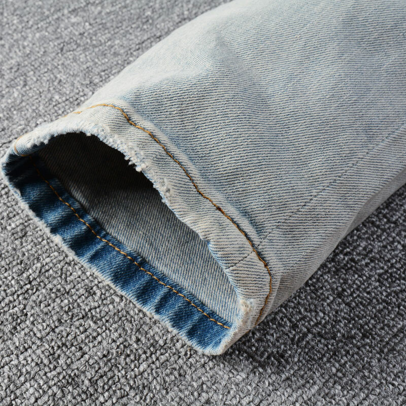 Newly Designer Fashion Men Jeans Retro Washed Light Blue Stretch Slim Fit Ripped Jeans Men Vintage Designer Denim Pants Hombre
