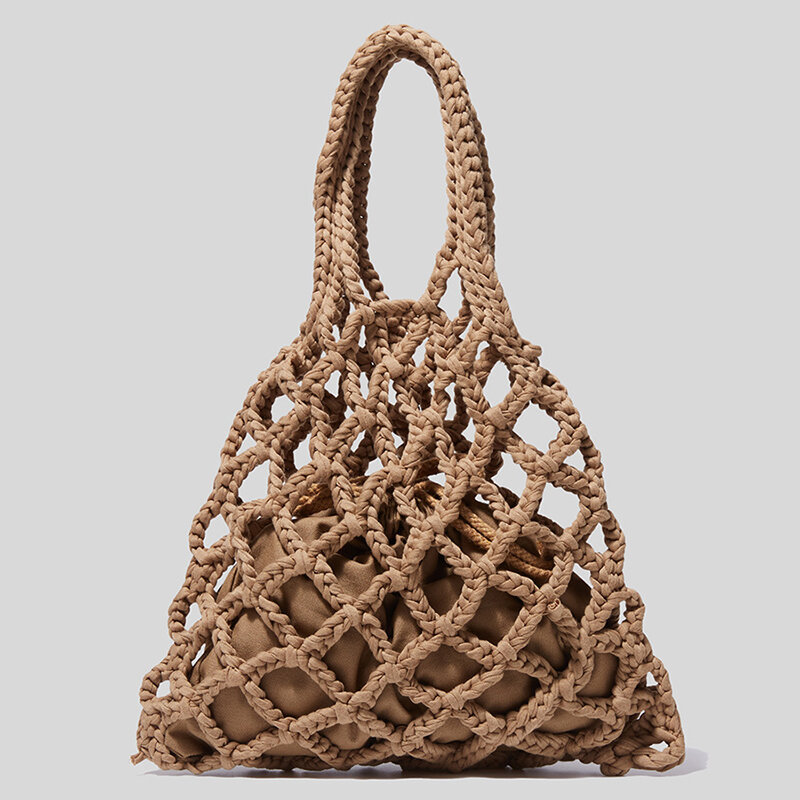 Cotton Rope Woven Women's Handbags 2 Piece Mesh Bag Designer Bohemian Summer Straw Beach Bags Female Cutout Tote Bag Purses