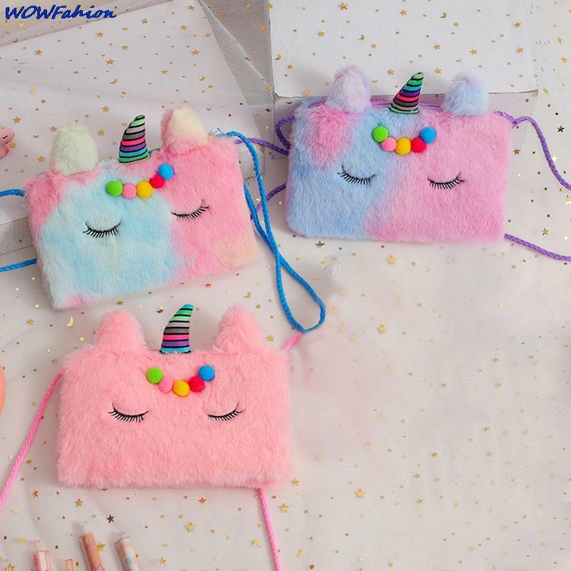 Bolso cruzado de unicornio de dibujos animados para niñas, bolsa de hombro de felpa suave con bola de lana, monedero de moda para niños