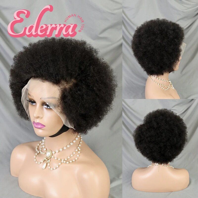 【13X4】Afro perwersyjne kręcone koronkowa peruka na przód ludzkie włosy w naturalnym kolorze Afro przedziałek z boku naturalną linią włosów 13x4 bezklejowe krótkie ludzkie włosy