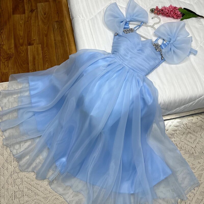 Chiffon Bow Beading Party A-line Boat Neck Bespoke Occasion Gown Midi Dresses