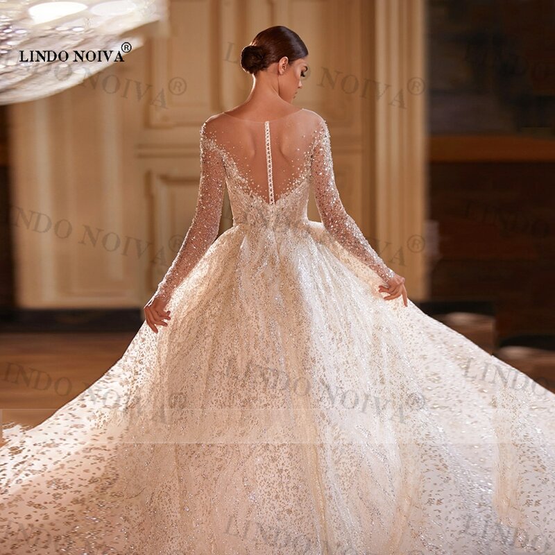 LINDO NOIVA 여성용 럭셔리 스파클링 웨딩 드레스, 2023 롱 코트 트레인 공주 비즈 신부 드레스