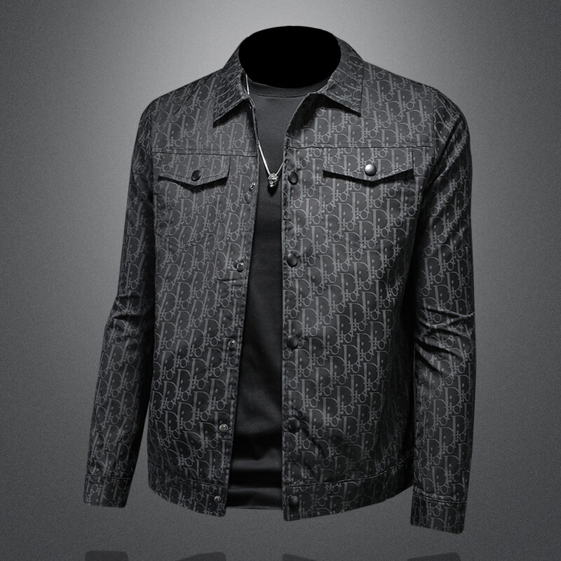 Jaqueta preta de gola Flip dos homens, tecido exclusivo, seu estilo, design original, atualizar o seu, de alta qualidade
