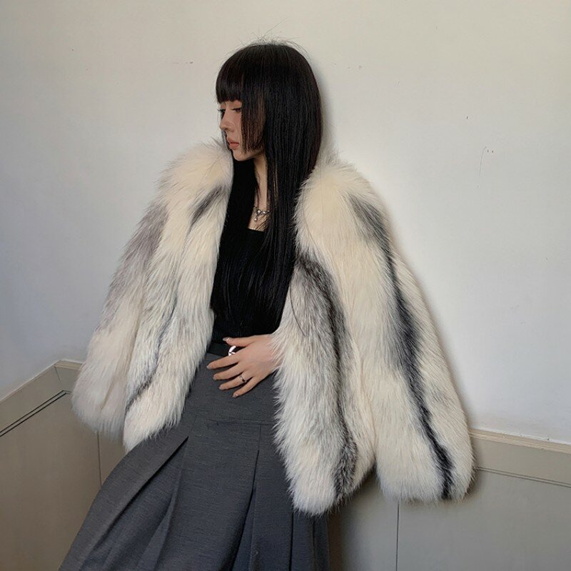 Женское меховое пальто с отделкой 2023, пальто из натурального меха черно-бурой лисы, Зимняя Толстая мягкая теплая куртка из лисьего меха