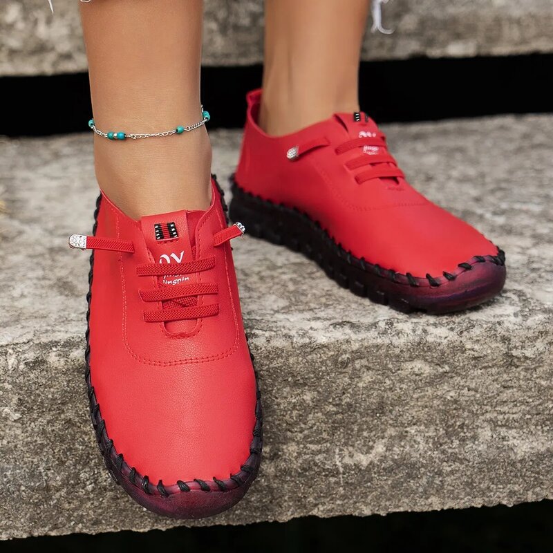 Sepatu pantofel Platform wanita, SNEAKER KULIT Slip-On kasual musim semi 2022 bertali untuk ibu