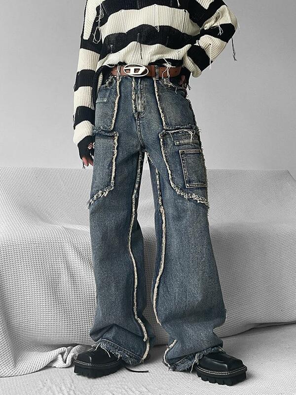 Niszowa męska odzież robocza luźne jeansy Y2K retro amerykański proste jesienno-zimowe nieobszyte brzegi casualowe szare spodnie w trendzie
