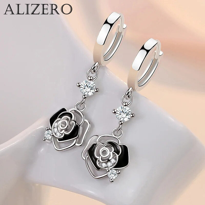 ALIZERO 925 Sterling Silver Black Rose Earrings For Women Jewelry Wedding Engagement Party Lady Zircon Flower Drop Earring