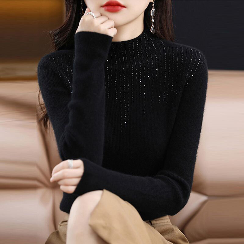 Rimocy Shiny Crystal Turtle Neck Sweater Women Autumn Winter Long Sleeve Warm Jumper Woman Fashion Knitted Pullover Tops Ladies