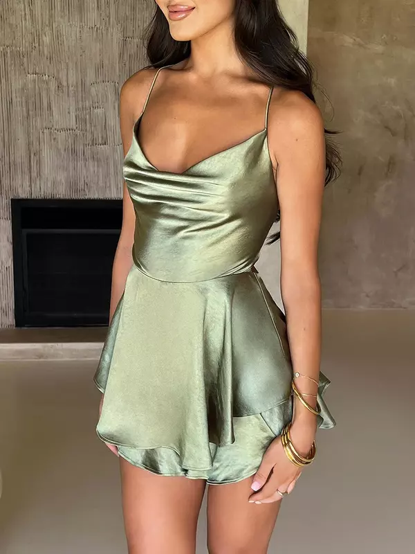 2024 Women Solid Color Cami Playsuits Cowl Neck Sleeveless Short Jumpsuits Summer Cross Tie-Up Backless Romper Clubwear Dress
