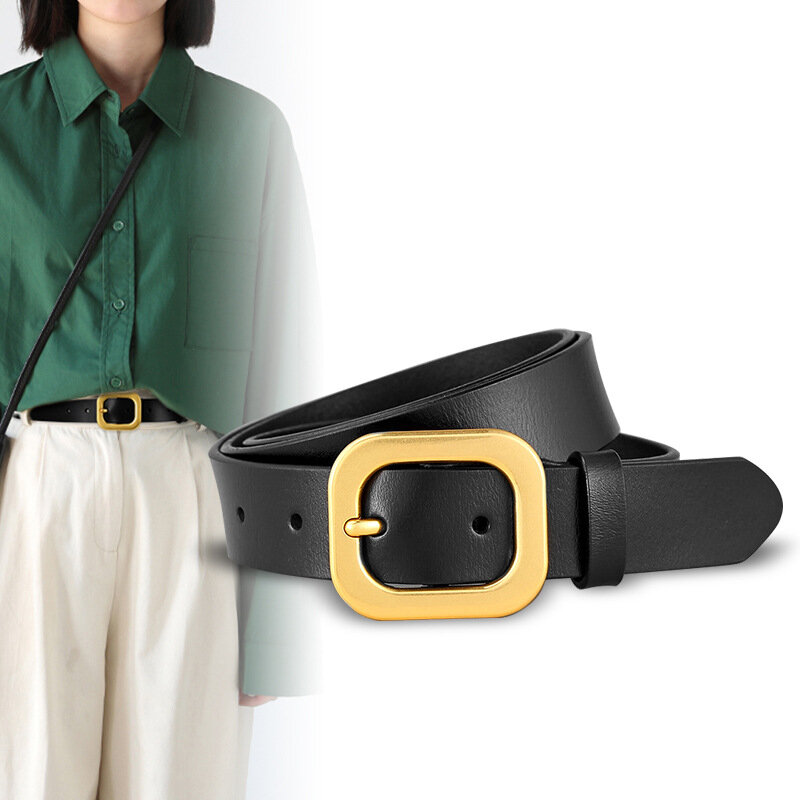 Cinturón de cuero genuino Retro para mujer, cinturones de hebilla de Metal Simple para mujer, traje de camello negro, accesorios de ropa para Jeans, XH272