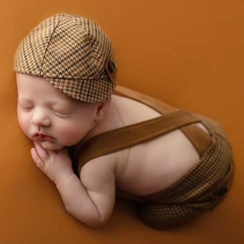 HUYU 0-2M Newborn Photography Outfits Baby Boys Duckbill Hat with Strap Pants Infant Rompers with Hats Photoshoot Props