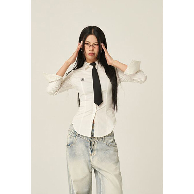 Y2K 여성용 하라주쿠 타이 셔츠, 프레피 JK 화이트 긴팔 블라우스, 스트리트웨어, 한국 패션, 슬림 올매치 시크 탑, 2000S, 신상