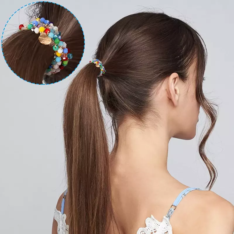 Cuerda para el pelo con perlas de cristal para mujer y niña, elásticas coleteros con cuentas hechas a mano, lazos para el cabello, accesorios para el cabello, 1 unidad
