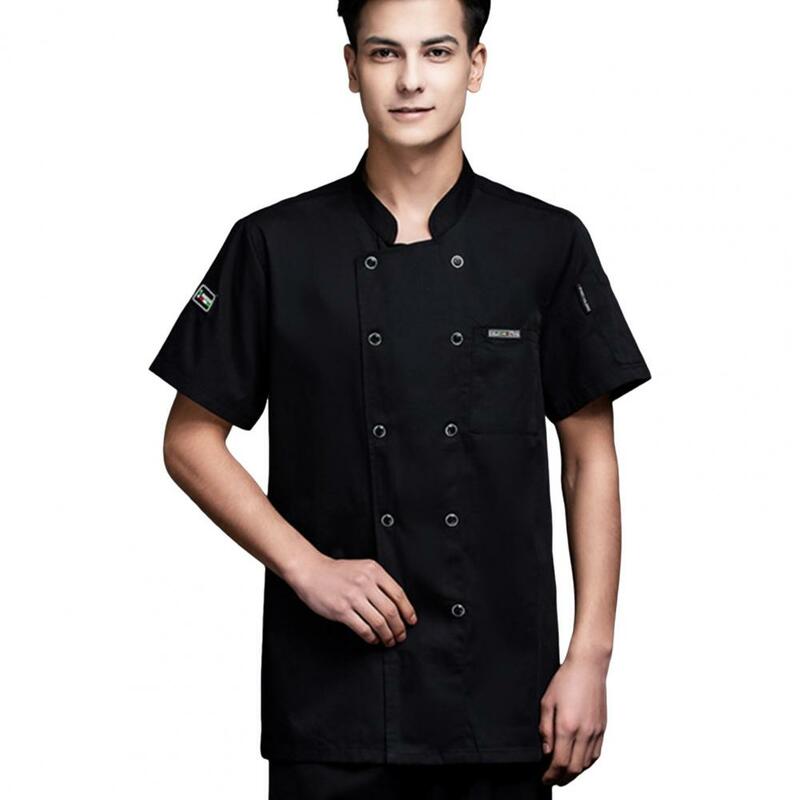 Camisa de Chef Unisex, camisa de manga corta con cuello levantado, suave, bolsillo en el pecho, resistente a las manchas, Top de cocina suelto, uniforme de cocinero