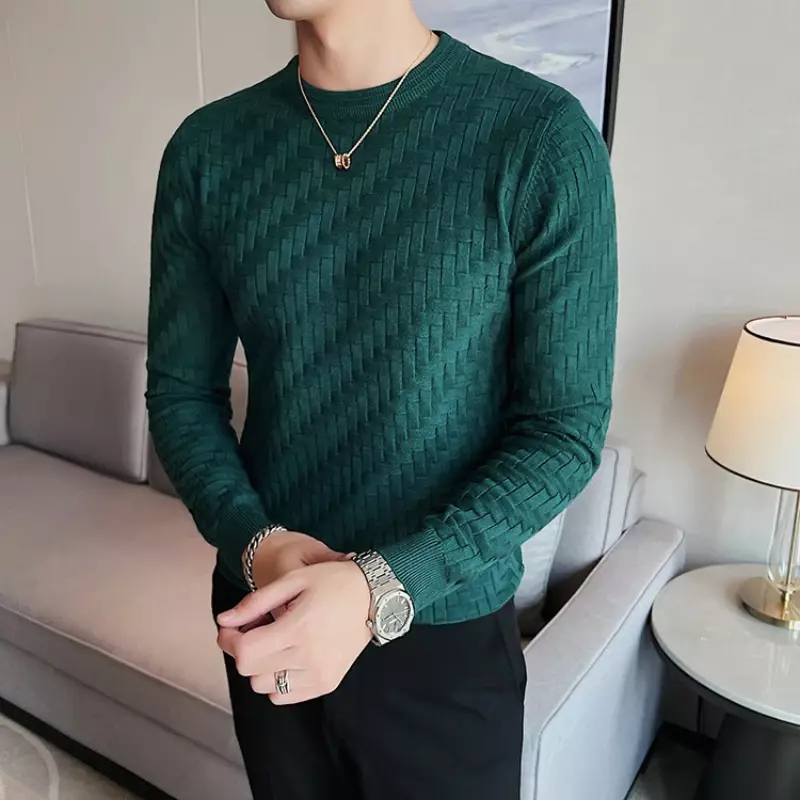 Стрейчевый жаккардовый вязаный свитер/высококачественные мужские однотонные облегающие повседневные теплые вязаные пуловеры с круглым вырезом и скошенной бахромой