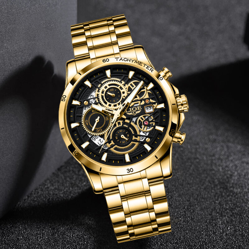 LIGE-Relógio de pulso masculino em aço inoxidável dourado grande, relógio vestido casual, relógio de quartzo militar, luxo Relogio masculino
