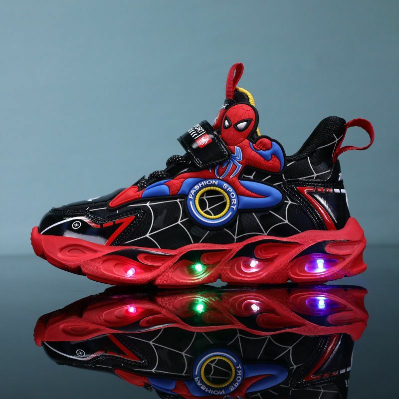 Disney Boys Shoes LED Lights Cartoon autunno scarpe sportive per bambini in pelle antiscivolo scarpe da corsa per bambini Sneaker taglia 25-35