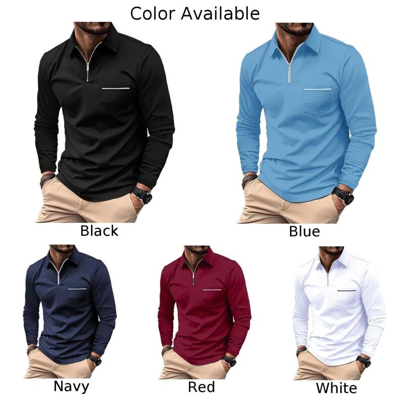 Camisas masculinas de bolso com zíper, secagem rápida, leve, casual, tops de equipe esportiva, camiseta sólida, negócios, outono