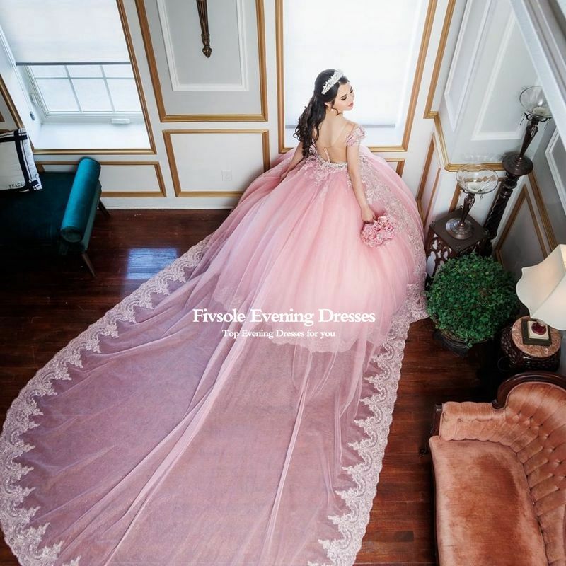 Бальное платье Fivsole, тюлевые платья для Quinceanera 2022, с V-образным вырезом, кружевами, аппликациями, цветами, жемчугом, милое платье 16, платья 15 лет