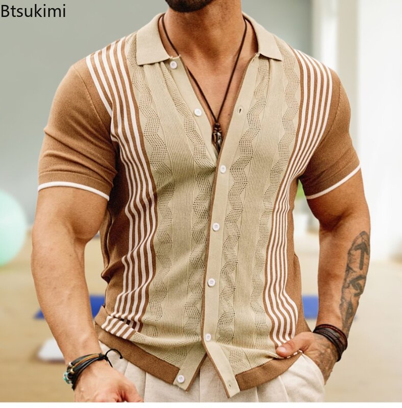 Рубашка-поло мужская Трикотажная с коротким рукавом, винтажная жаккардовая деловая Повседневная дышащая универсальная рубашка, лето