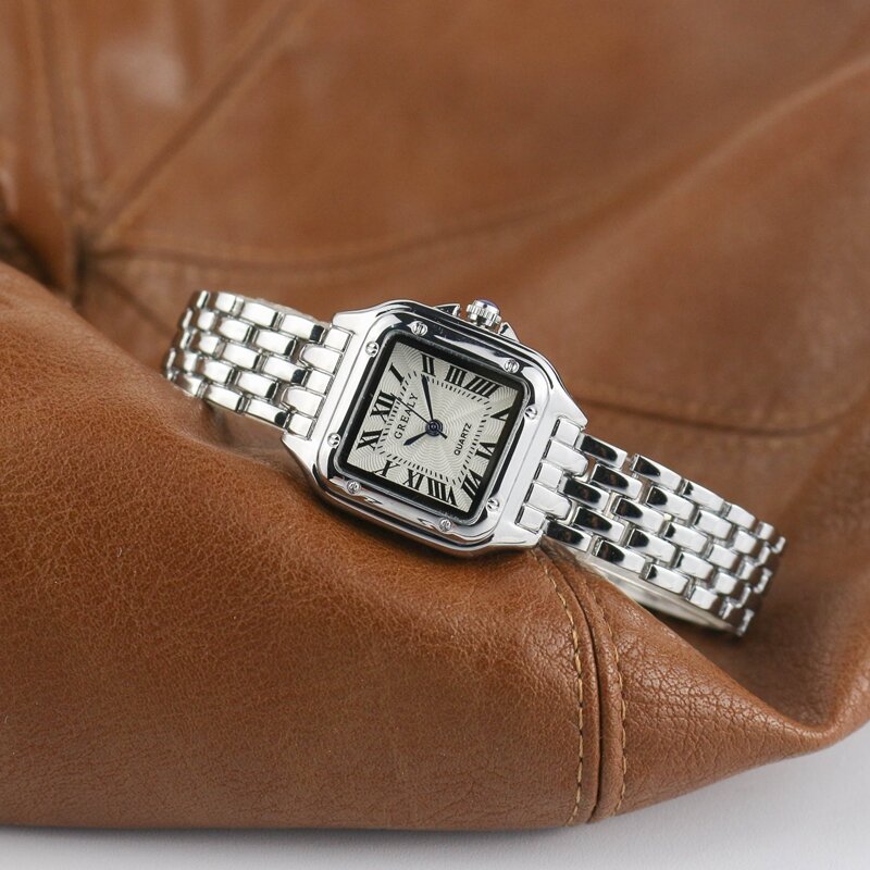 Relógio de pulso quartzo quadrado com pulseira de aço para mulheres, clássico, prata, simples, luxo, marca, moda, senhoras