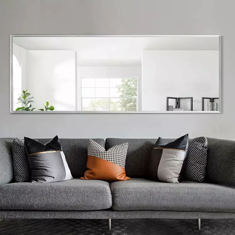 Miroir de Sol avec Cadre en Alliage d'Aluminium de 64x21 Pouces, avec Support, Corps Complet, pour Chambre à Coucher, Mural, Sans Fret Argenté
