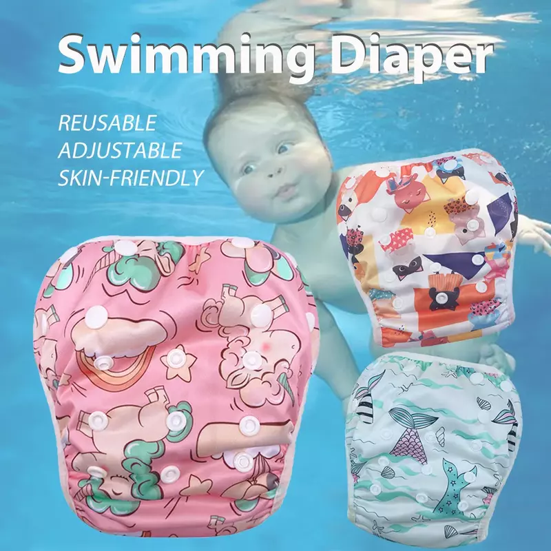 Baby Swim Fraldas com botão ajustável, pano lavável, fraldas impermeáveis reutilizáveis, troncos de piscina, impressão